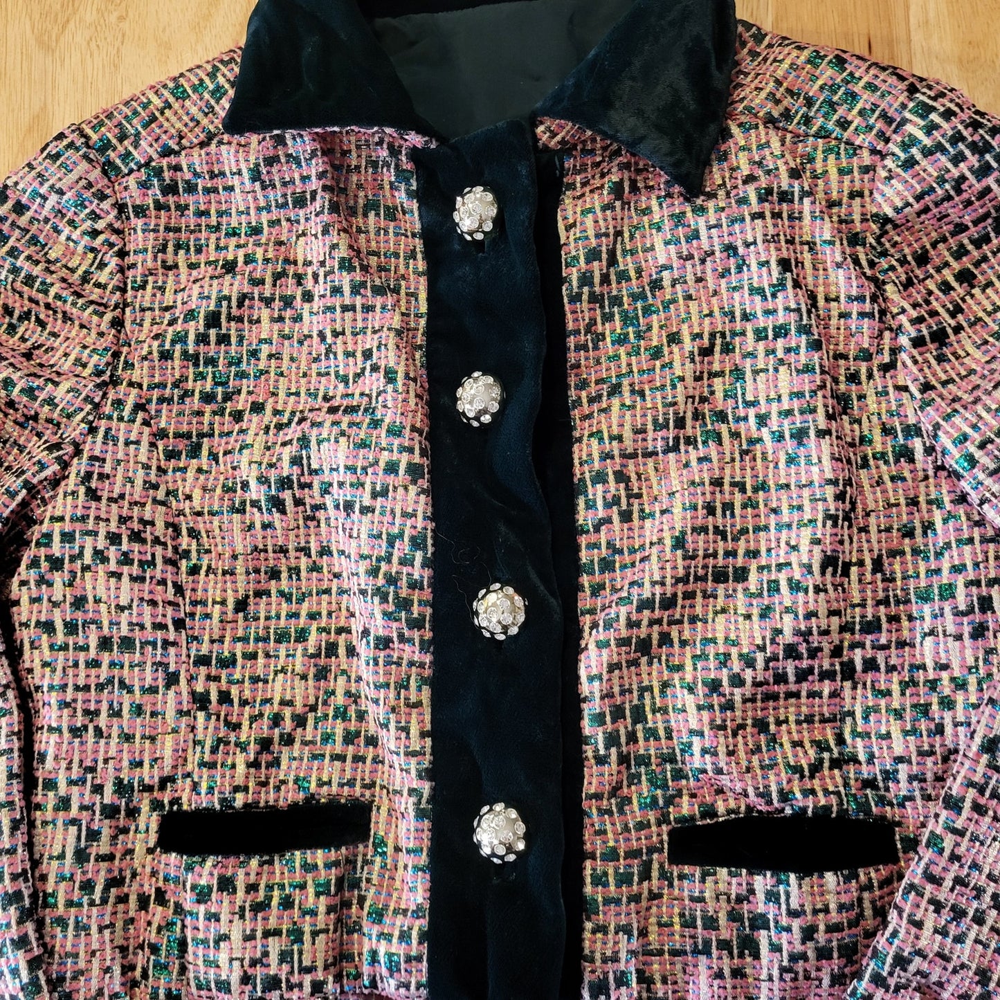 Vintage Tweed Metallic Pink Shirt Coat Green Velvet Trim Rhinestone Buttons 16"