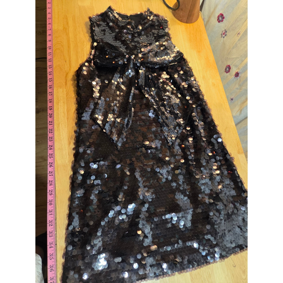 Ciebon XS black sequin sleeveless A-line mini dress bow mock collar