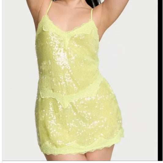 Viral Victoria's Secret lime green spaghetti strap sequin slip dress lace xl