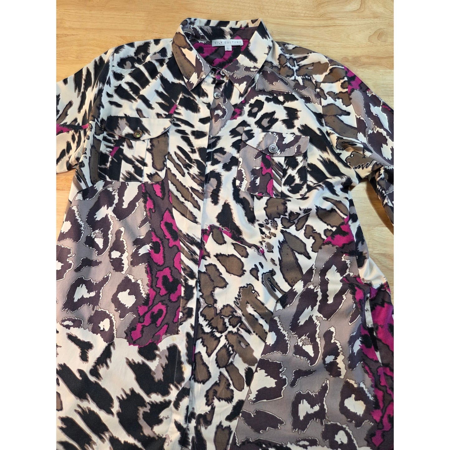 Silk culture size large 100% silk collared blouse colorful purple leopard print