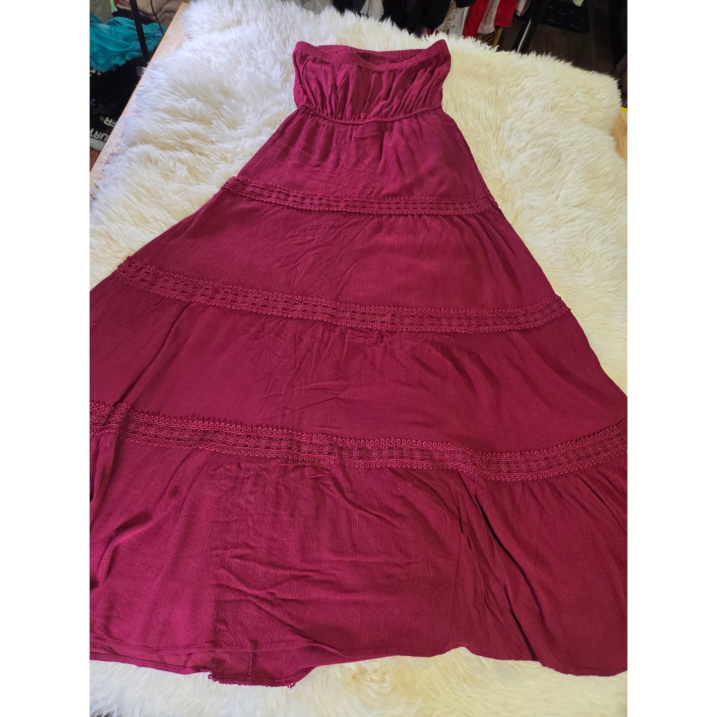 Maroon elastic tube dress sleeveless maxi crochet detail 30" bust