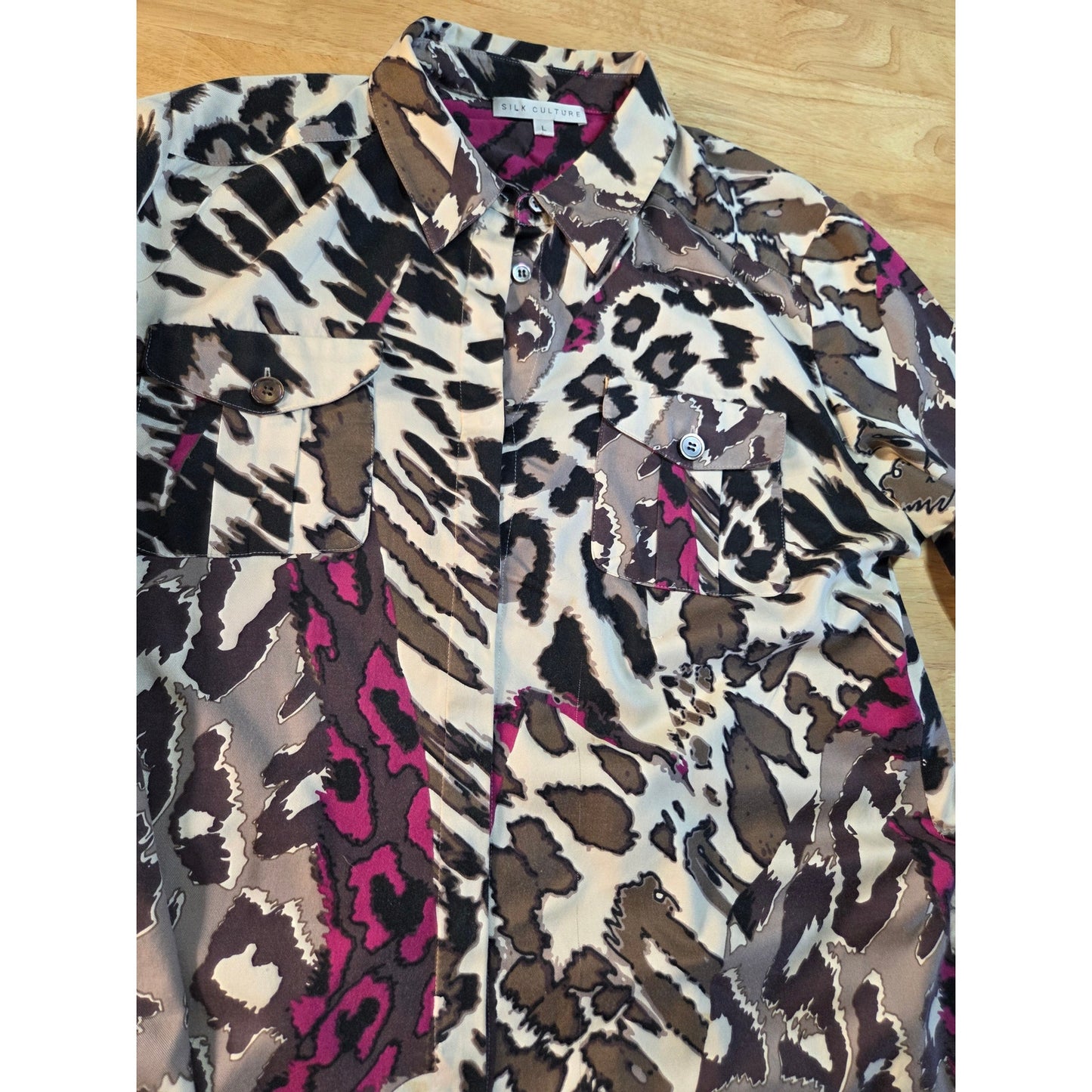 Silk culture size large 100% silk collared blouse colorful purple leopard print