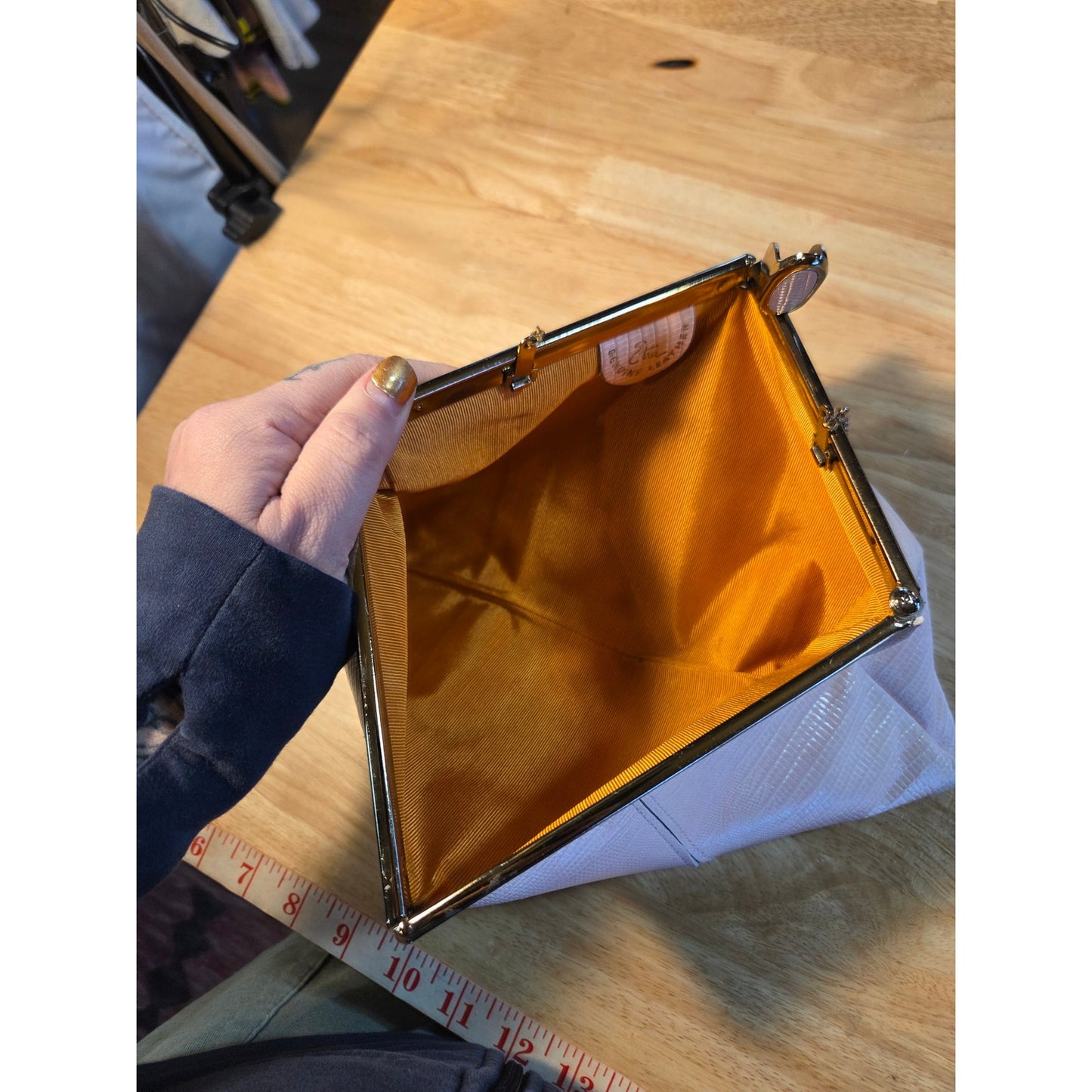 Genuine vintage baby pink snake skin clutch gold Hardware orange Lined