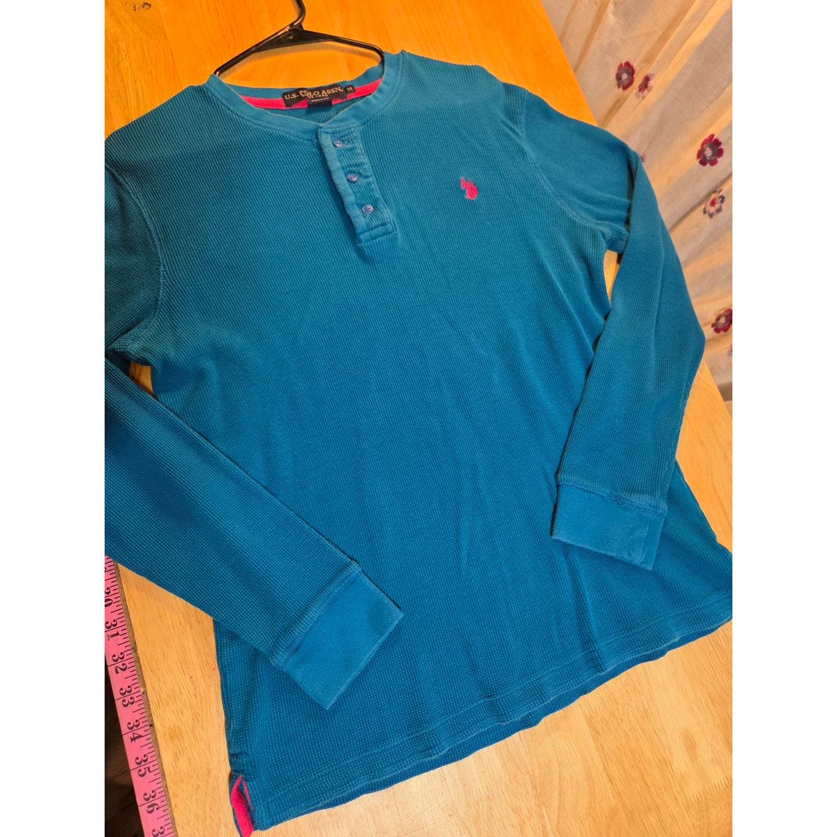 US polo Association turquoise waffle knit long sleeve shirt pink contrast medium