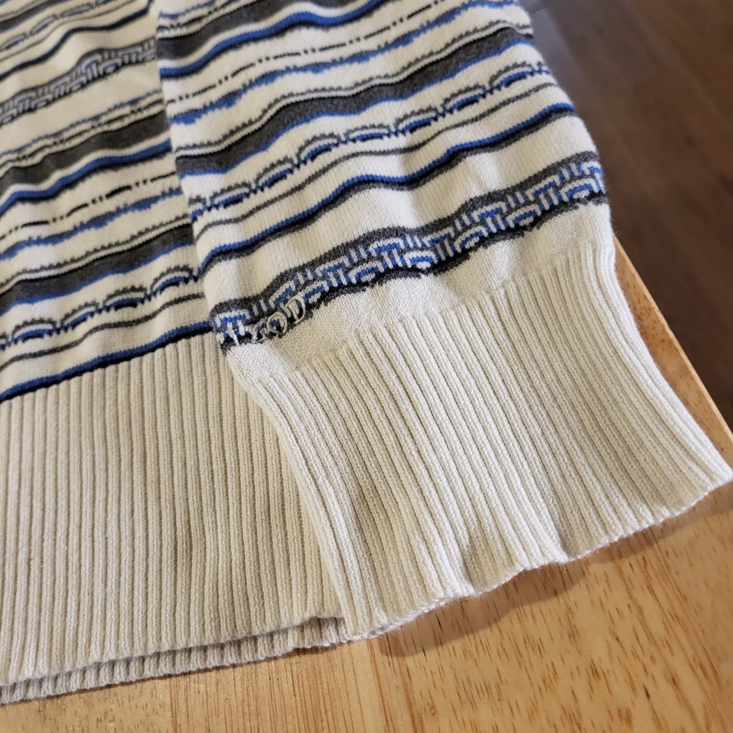Izod Cotton White Blue Striped Wave Turtle Neck Sweater Large