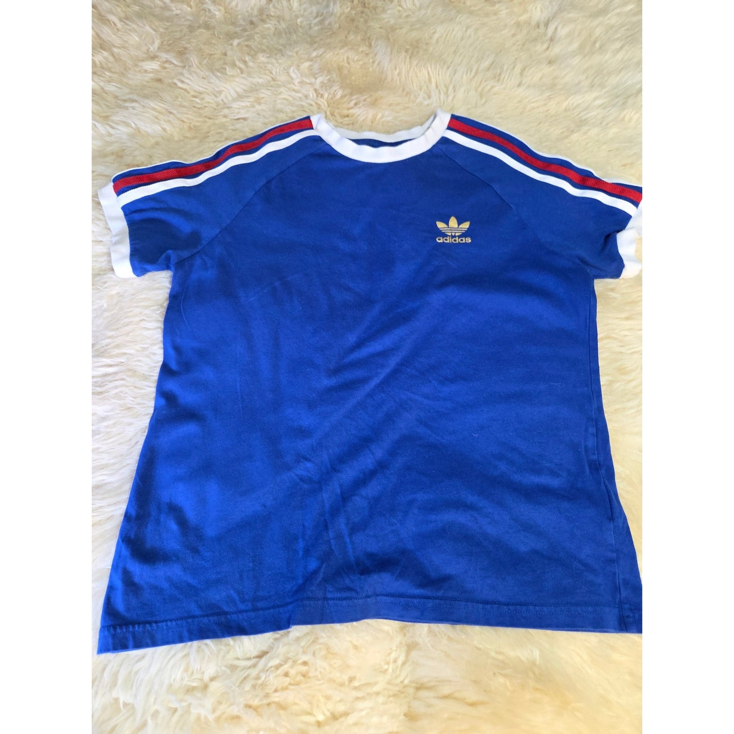 Vintage blue short sleeve adidas Originals t-shirt shoulder stripe red 11-12y