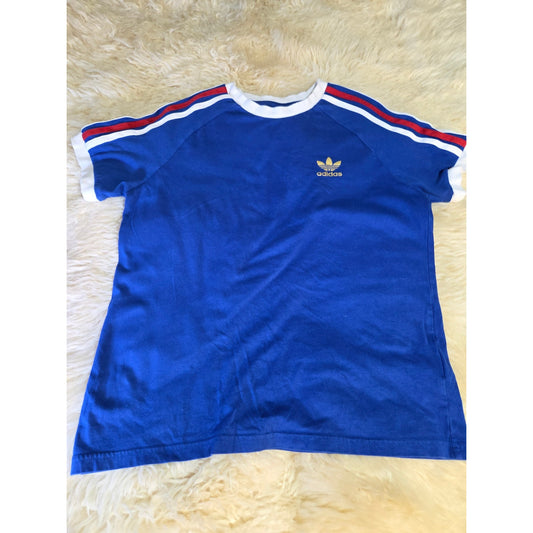 Vintage blue short sleeve adidas Originals t-shirt shoulder stripe red 11-12y