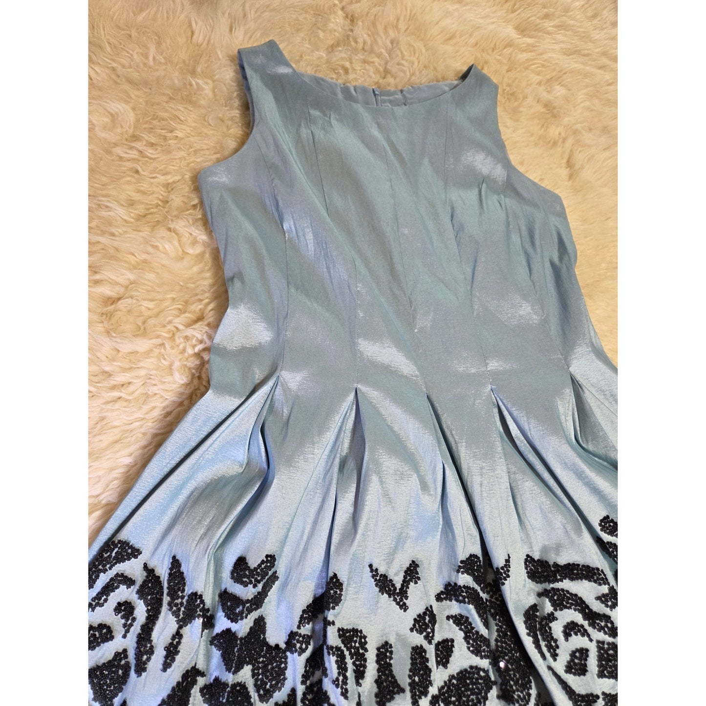 Baby Blue Sleeveless Black Sequin Embellishments Tea Length Fit Flare Princess