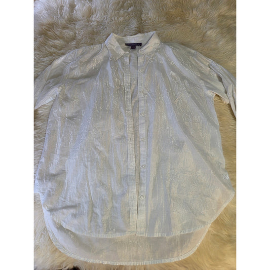 Gloria Vanderbilt White long sleeve collared button down silver metallic Medium