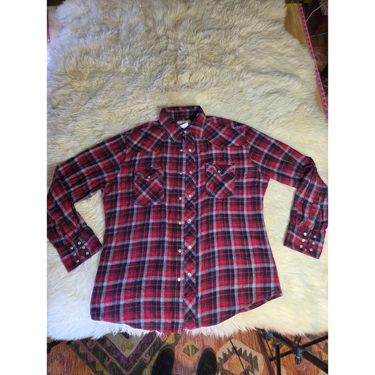 Wrangler Vintage Red Plaid Pearl Snap Western Collared Shirt 100% Cotton Large