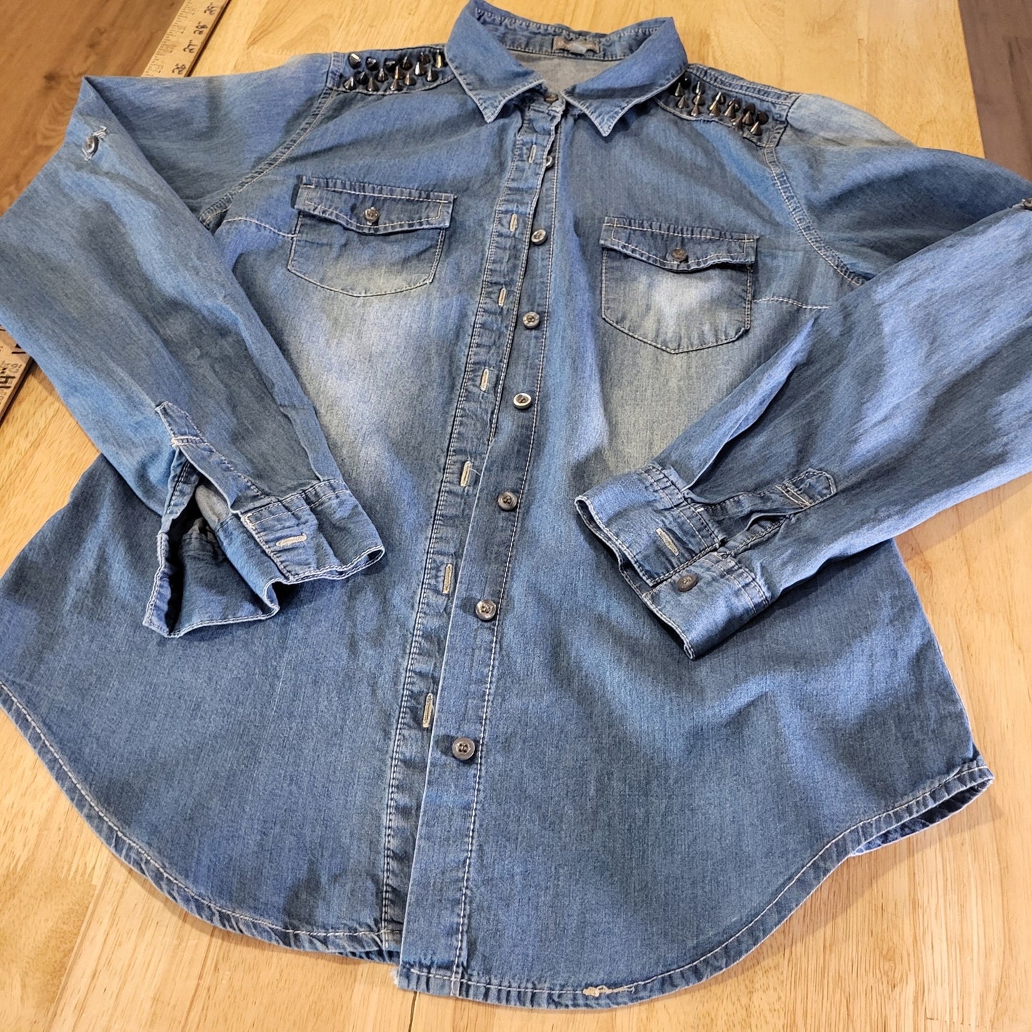 Charlotte Russe Size Medium Denim Button Down Collared Shirt Studded Shoulders
