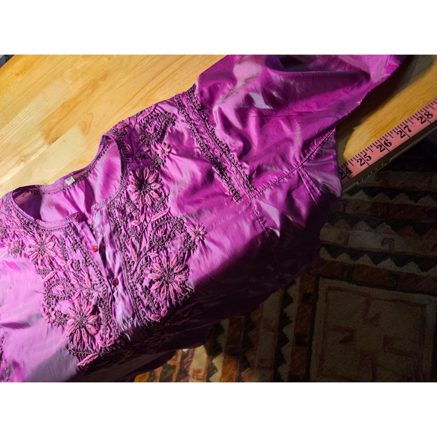 Satin hand Embroidered Iridescent Pink Heart Floral Motif Large Long Sleeve