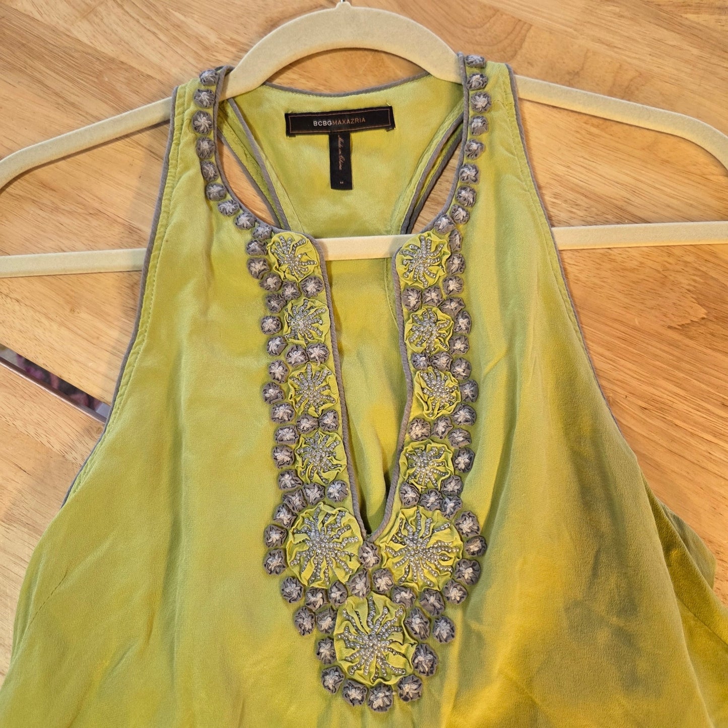 Bcbgmaxazria chartreuse neon green silk sleeveless tank dress embroidered med