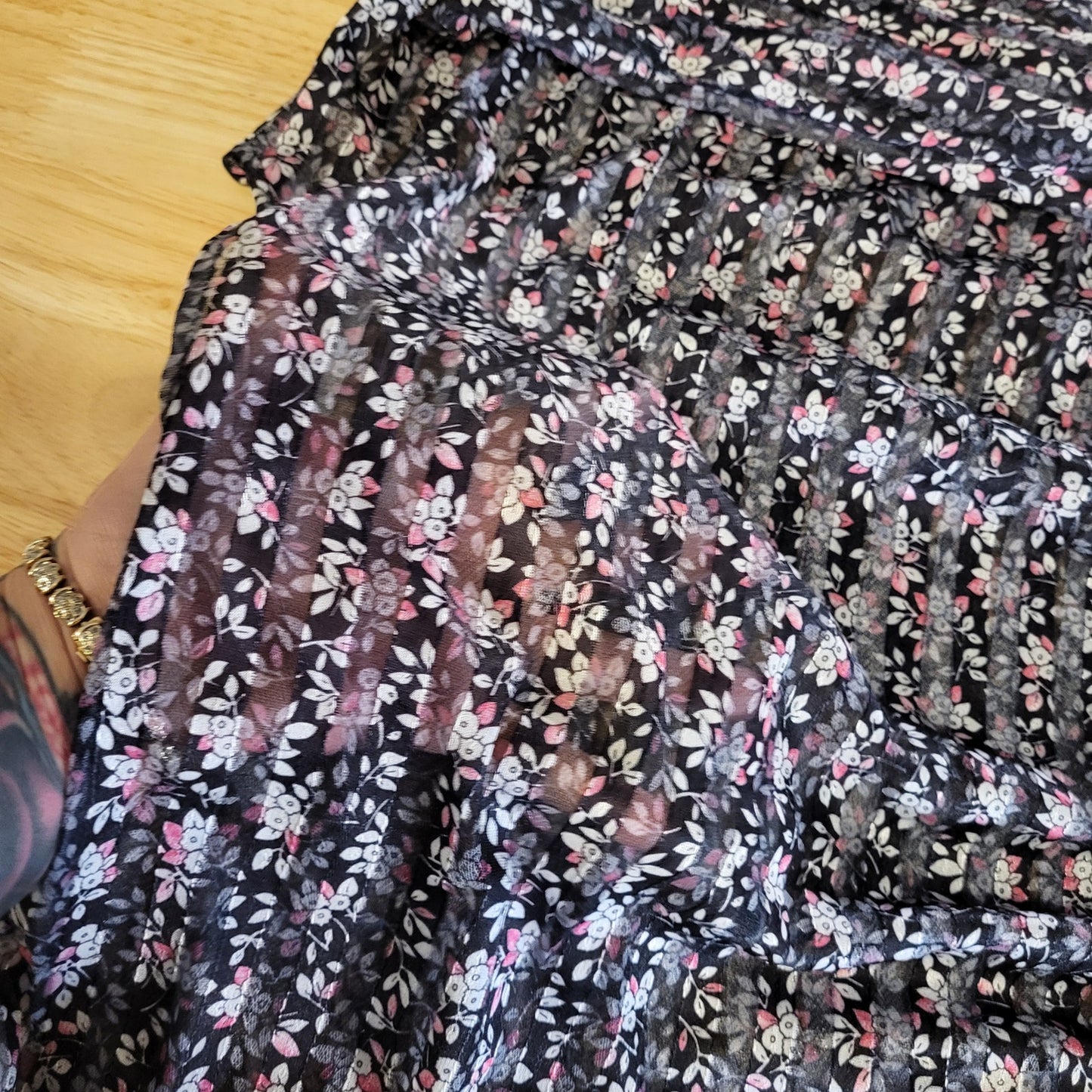 Vintage Sheer Stripe Black Floral Dress Elastic Waist Midi Long Sleeve 28" Waist