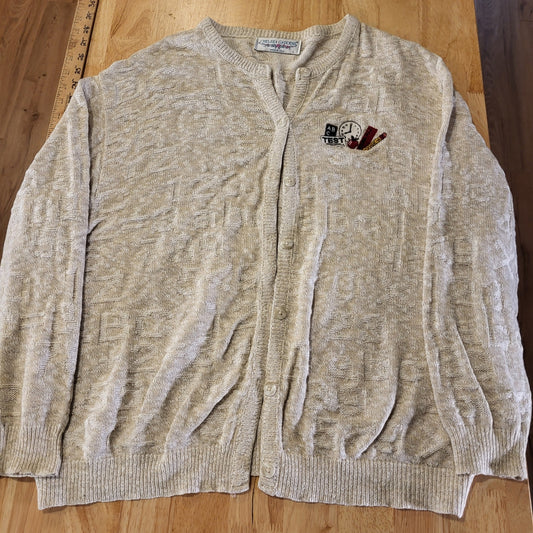Vintage Teacher Alphabet Embossed Sweater Beige Embroidered Cardigan USA Made L