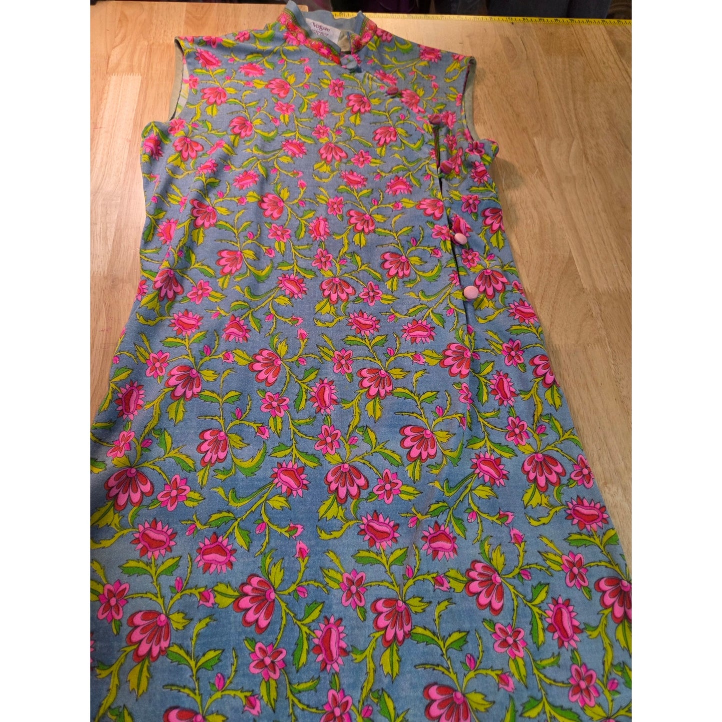 Vintage Chinese Style Hand Finished Neon Pink Blue Floral Sleeveless Maxi Dress
