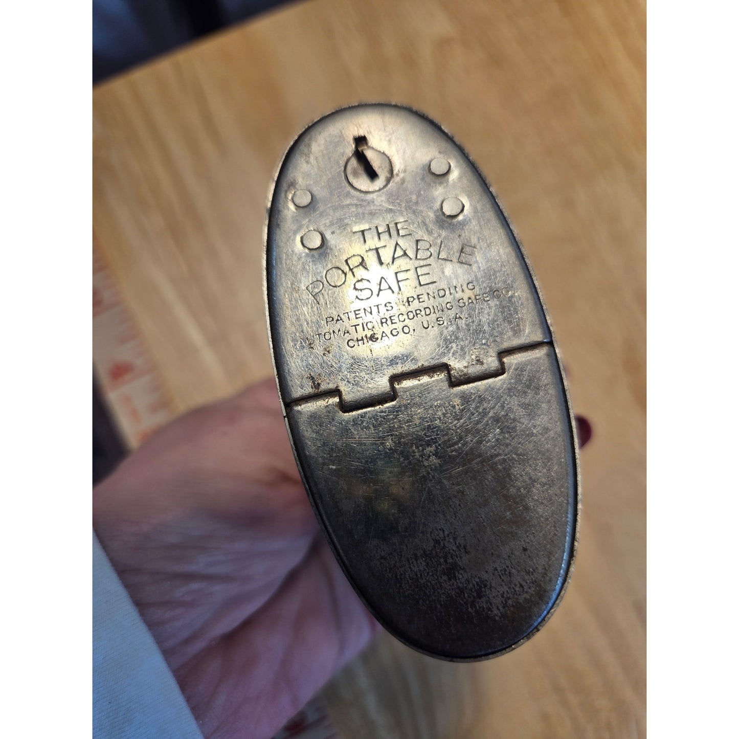 Vintage metal portable safe antique handle silver tone missing key