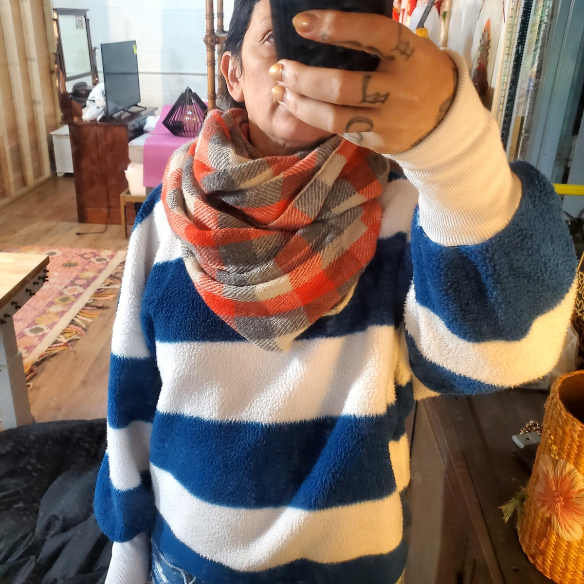 Orange and gray plaid knit infinity scarf acrylic