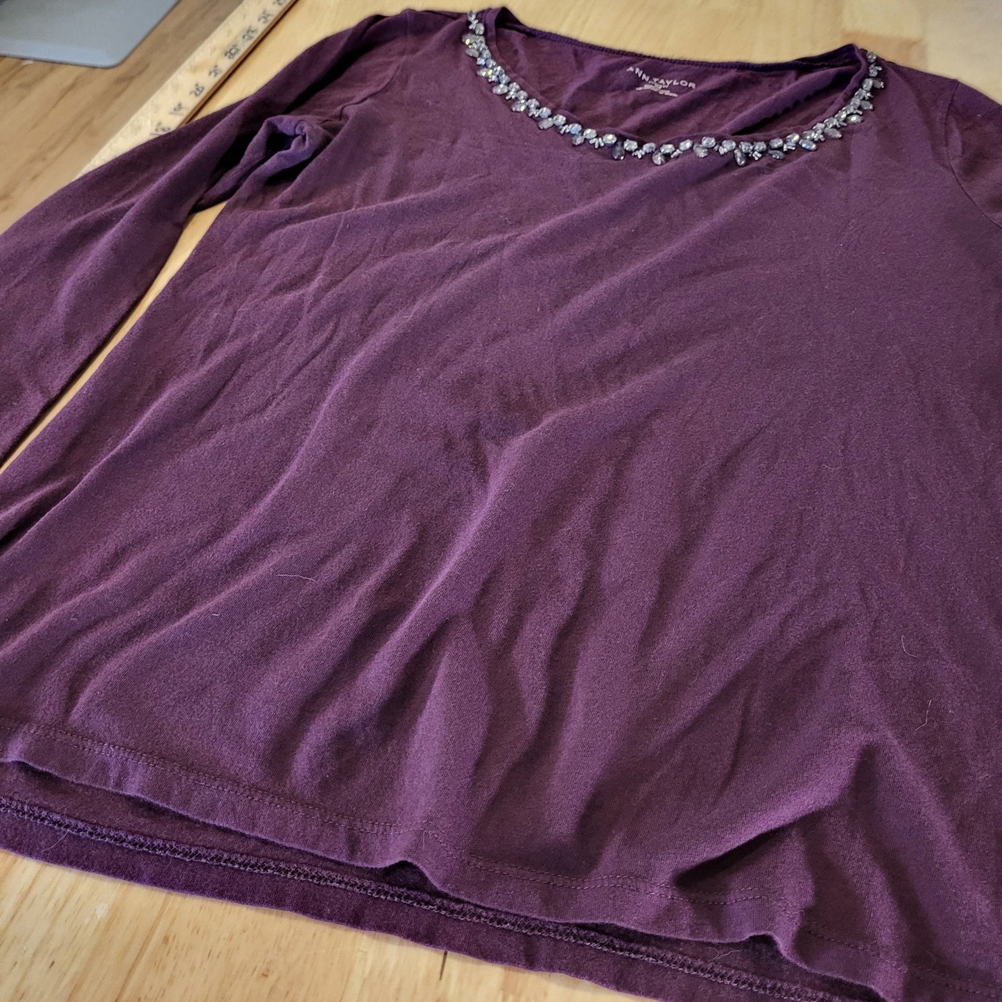Ann Taylor Jersey Knit Eggplant Purple Embellished Rhinestone Neckline Medium