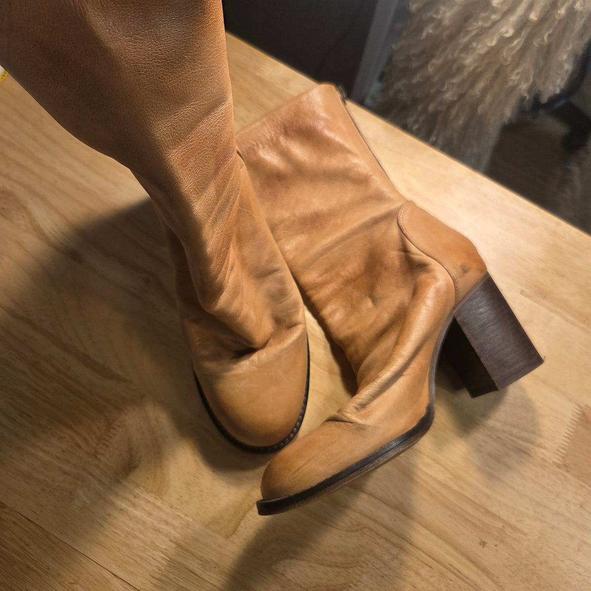 Free People camel soft leather block heel boots size 39
