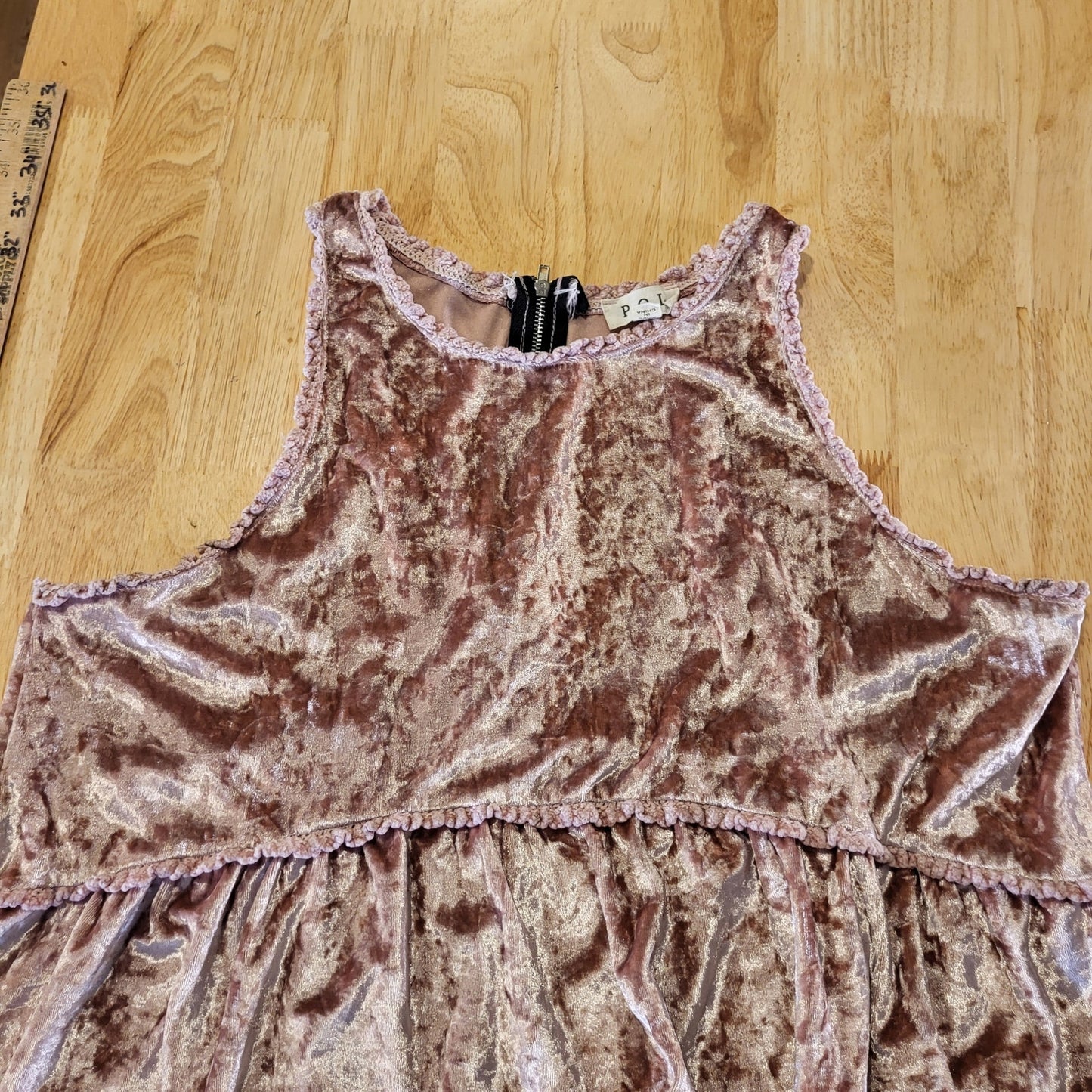POL Pink Crushed Velvet Tank Mini Dress Zip Back Detail Empire Waist L