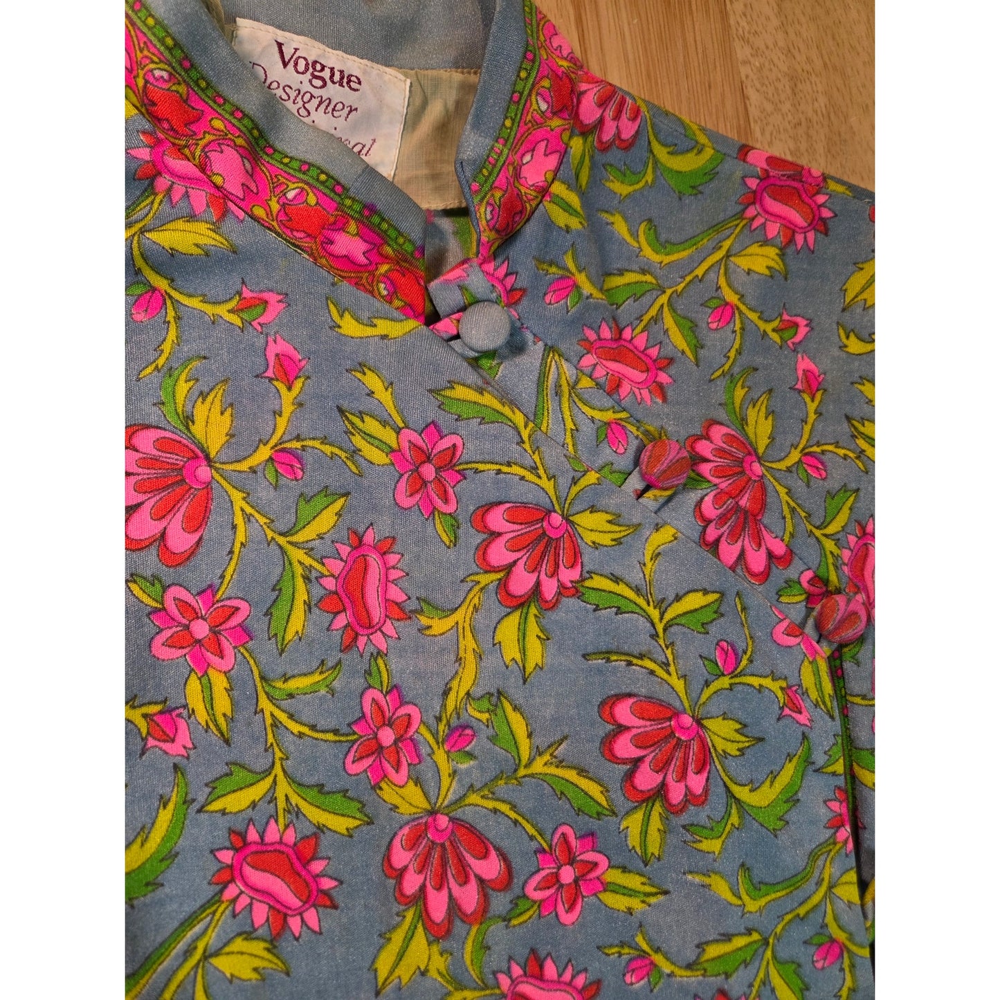 Vintage Chinese Style Hand Finished Neon Pink Blue Floral Sleeveless Maxi Dress