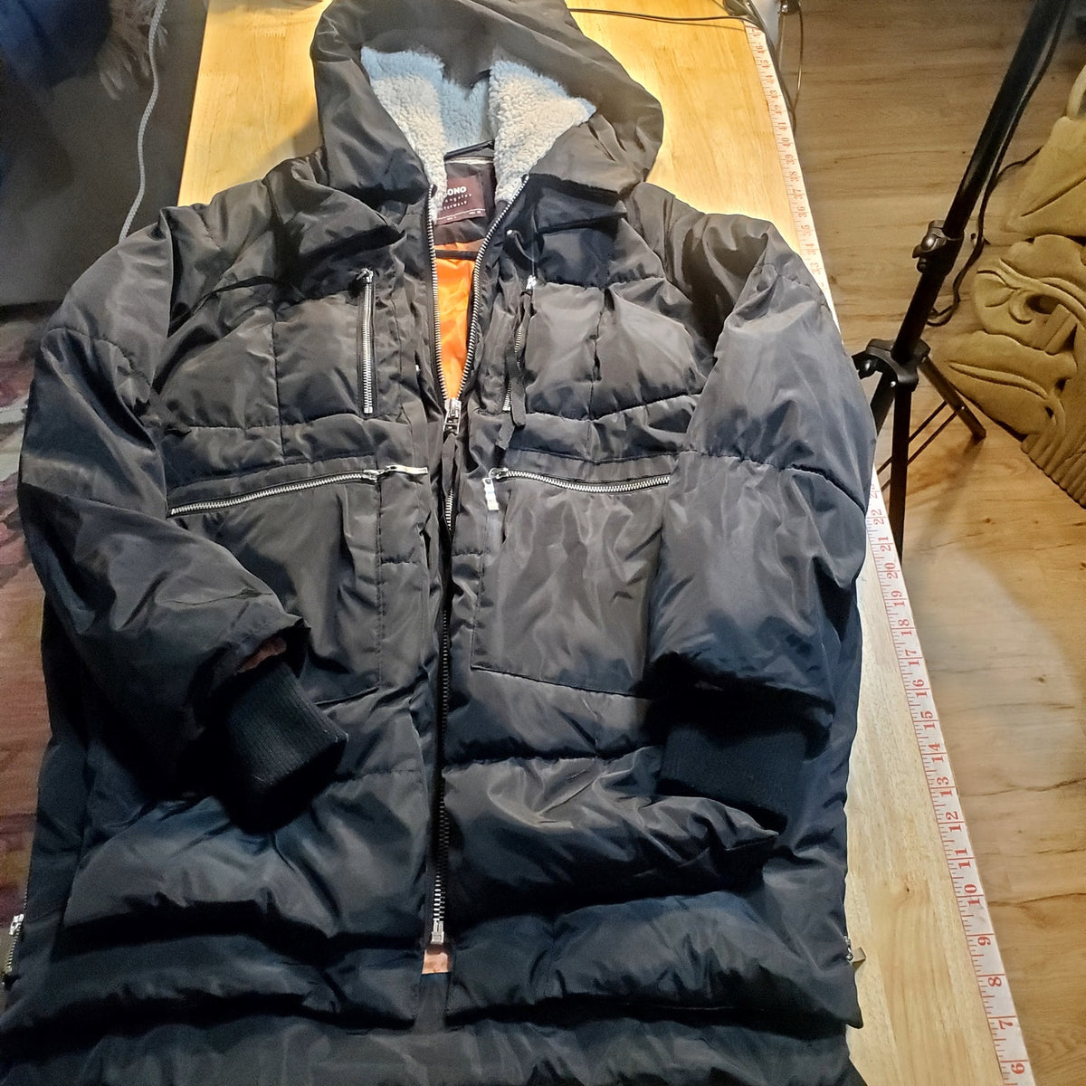 Ci Sono Black Viral Puffer Jacket Orange lining Shearling Hood Silver Zip Large