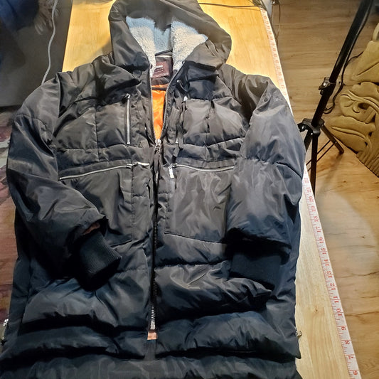 Ci Sono Black Viral Puffer Jacket Orange lining Shearling Hood Silver Zip Large