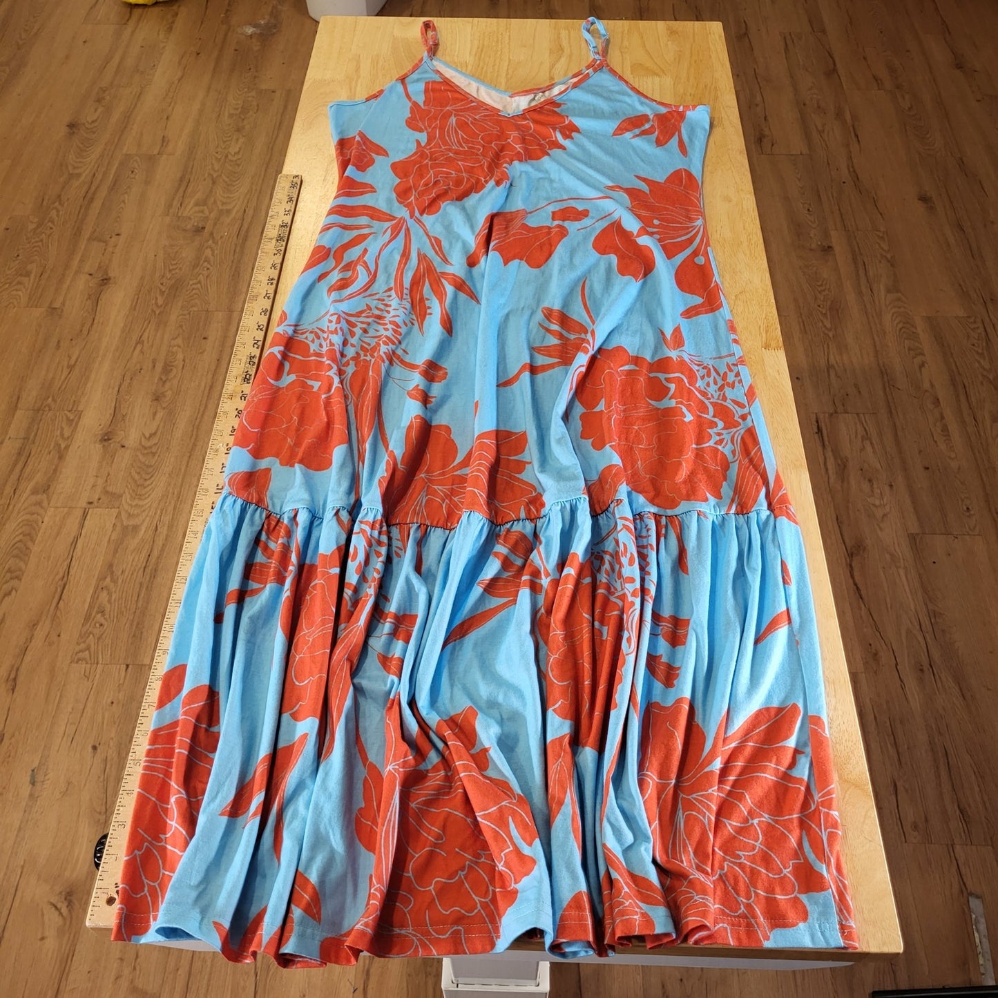 Noracora Orange Blue Floral Jersey Maxi Spaghetti Strap Dress Adjustable XL