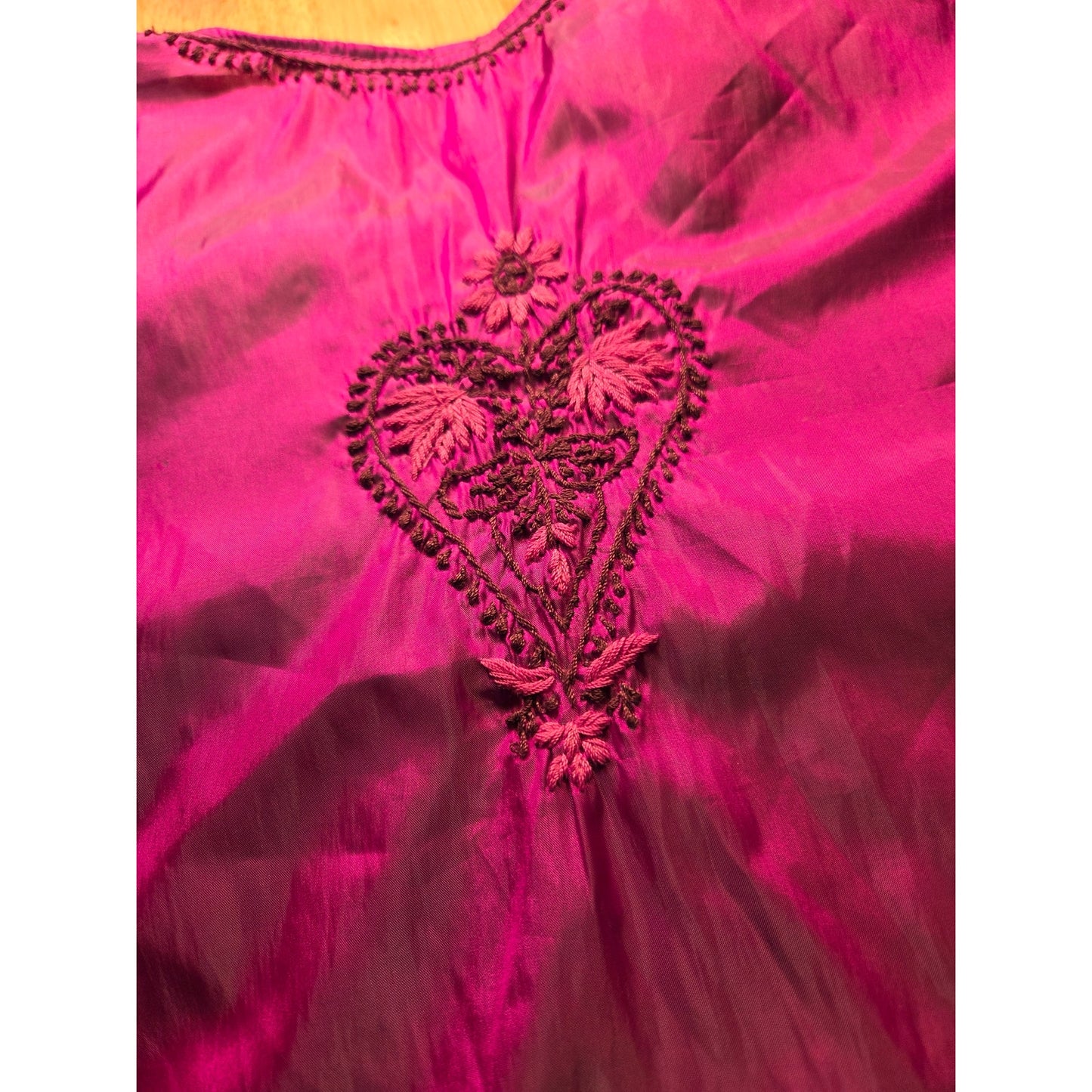 Satin hand Embroidered Iridescent Pink Heart Floral Motif Large Long Sleeve