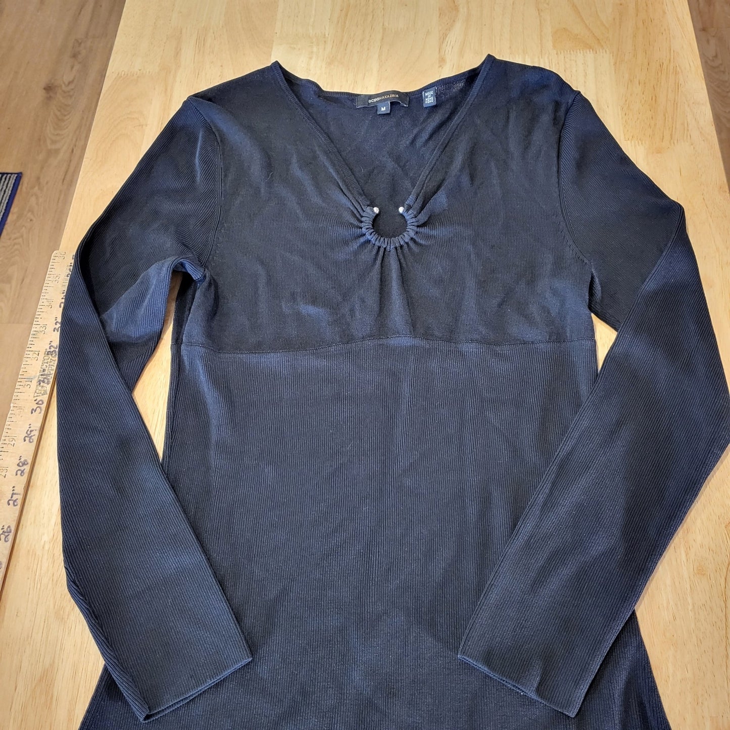BCBGMAXAZRIA Black Maxi Bodycon Long Sleeve Dress Silver Circle Bust M