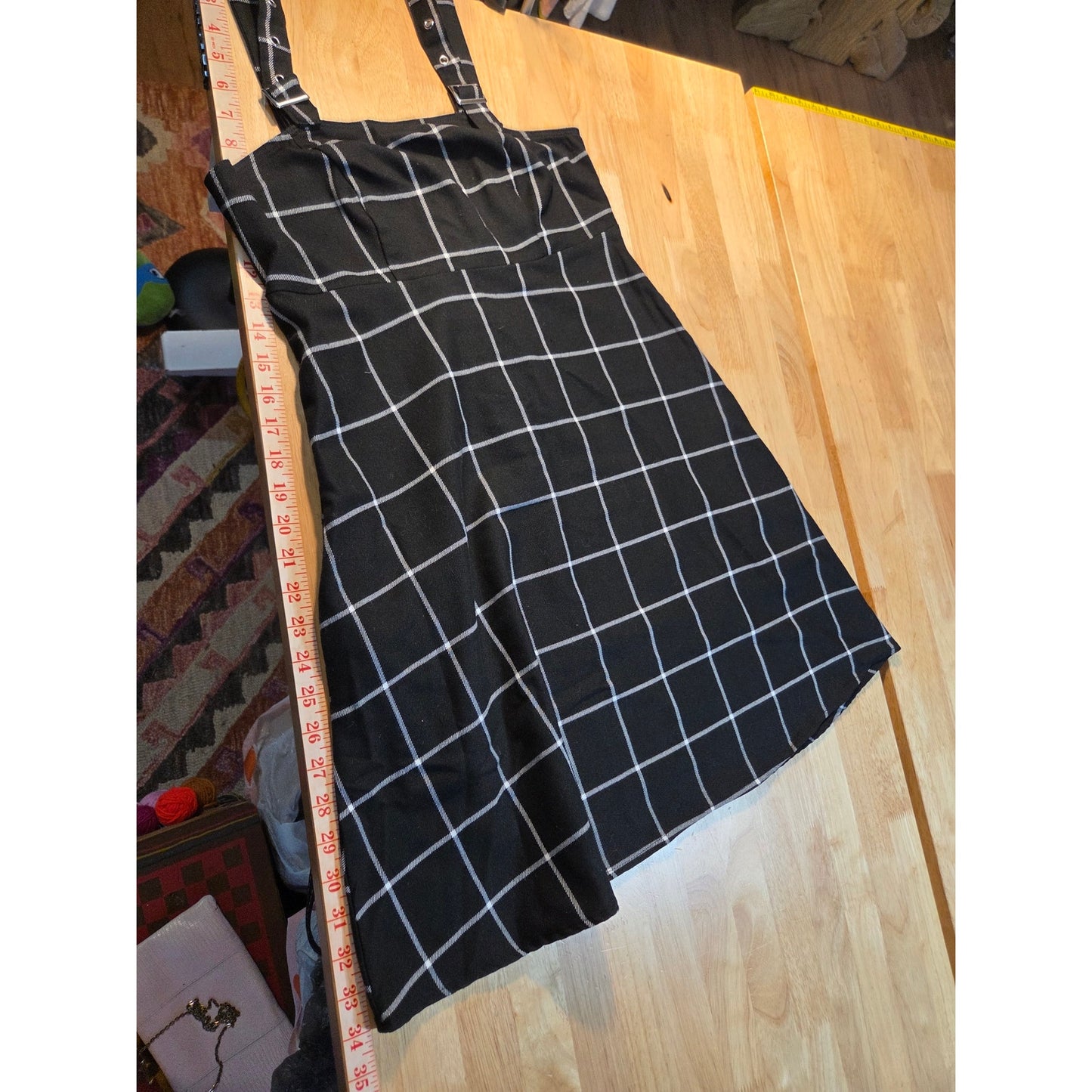 Hot Topic goth overall skirt dress silver buckle black white plaid small pocket