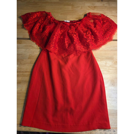 Badgley Mischka Belle Red Bardot Lace Body Con Midi Dress US size 10