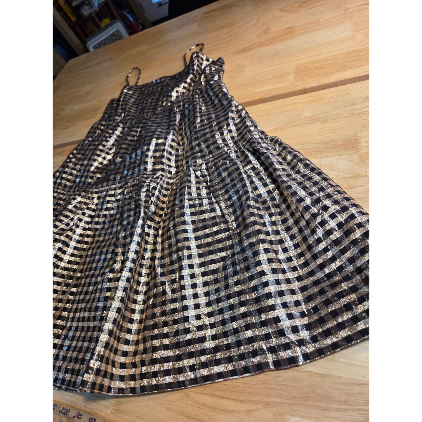 J. Crew Holiday Dress Gold Black Gingham Print Elastic Spaghetti Strap 8