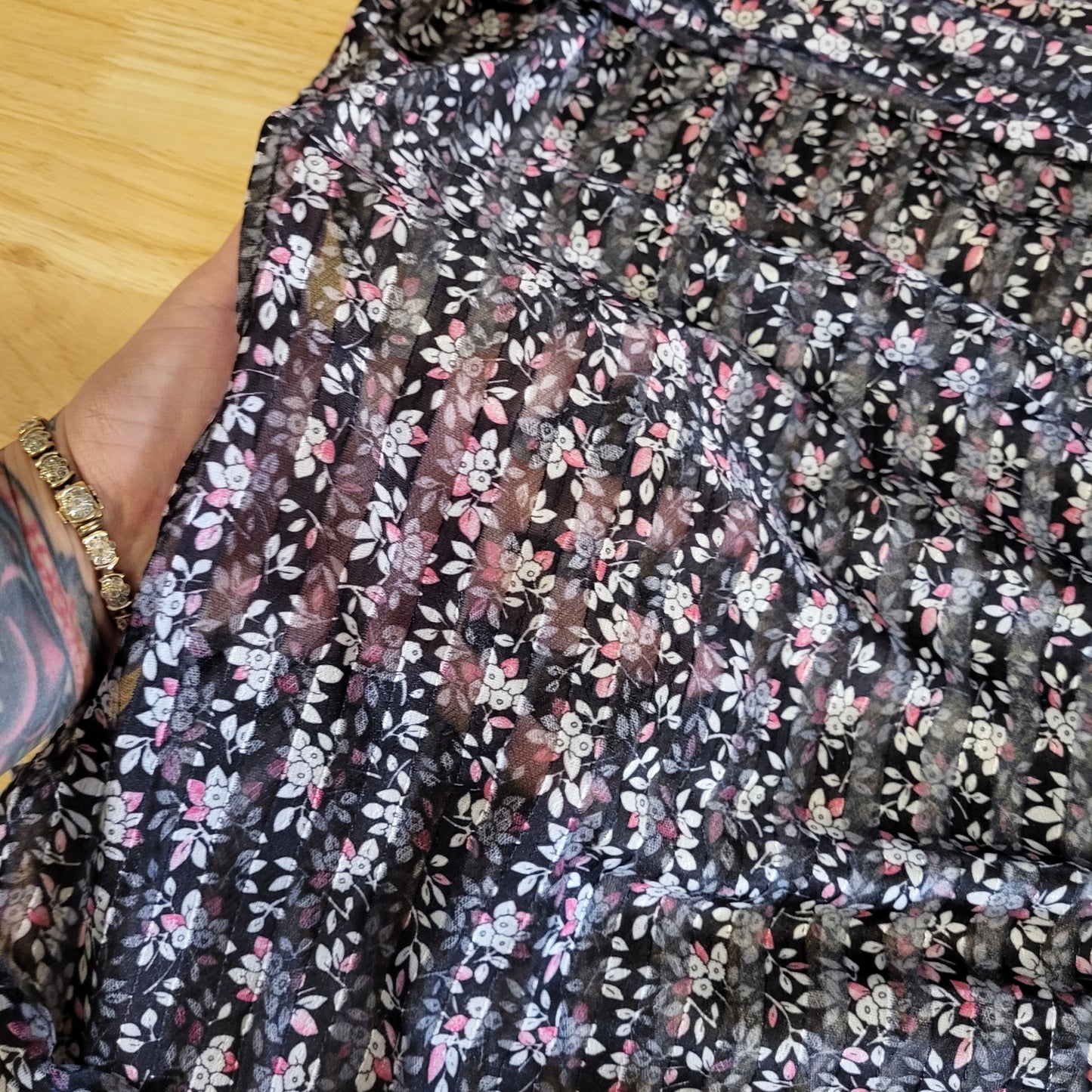 Vintage Sheer Stripe Black Floral Dress Elastic Waist Midi Long Sleeve 28" Waist