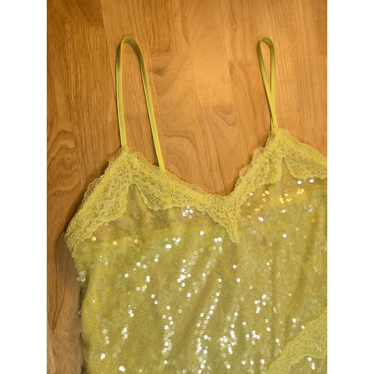 Viral Victoria's Secret lime green spaghetti strap sequin slip dress lace xl