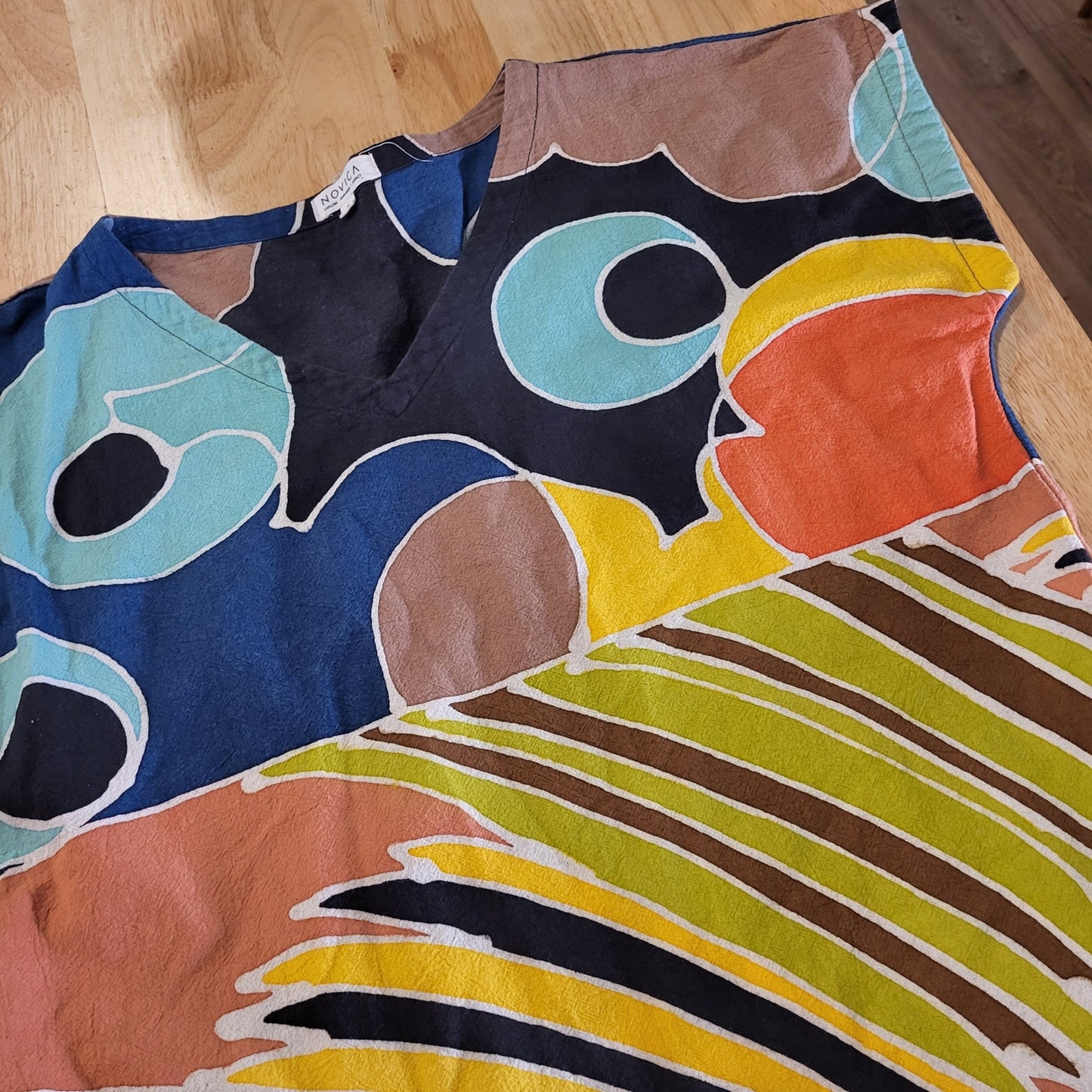 Novica Colorful Cotton Abstract Short Sleeve Midi Dress Pockets 35" L 21"P2P
