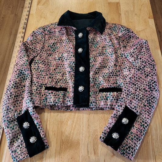 Vintage Tweed Metallic Pink Shirt Coat Green Velvet Trim Rhinestone Buttons 16"
