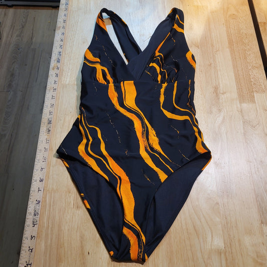 Black One Piece Bathing Suit Orange Lava Stripes 15" P2P Triangle Top