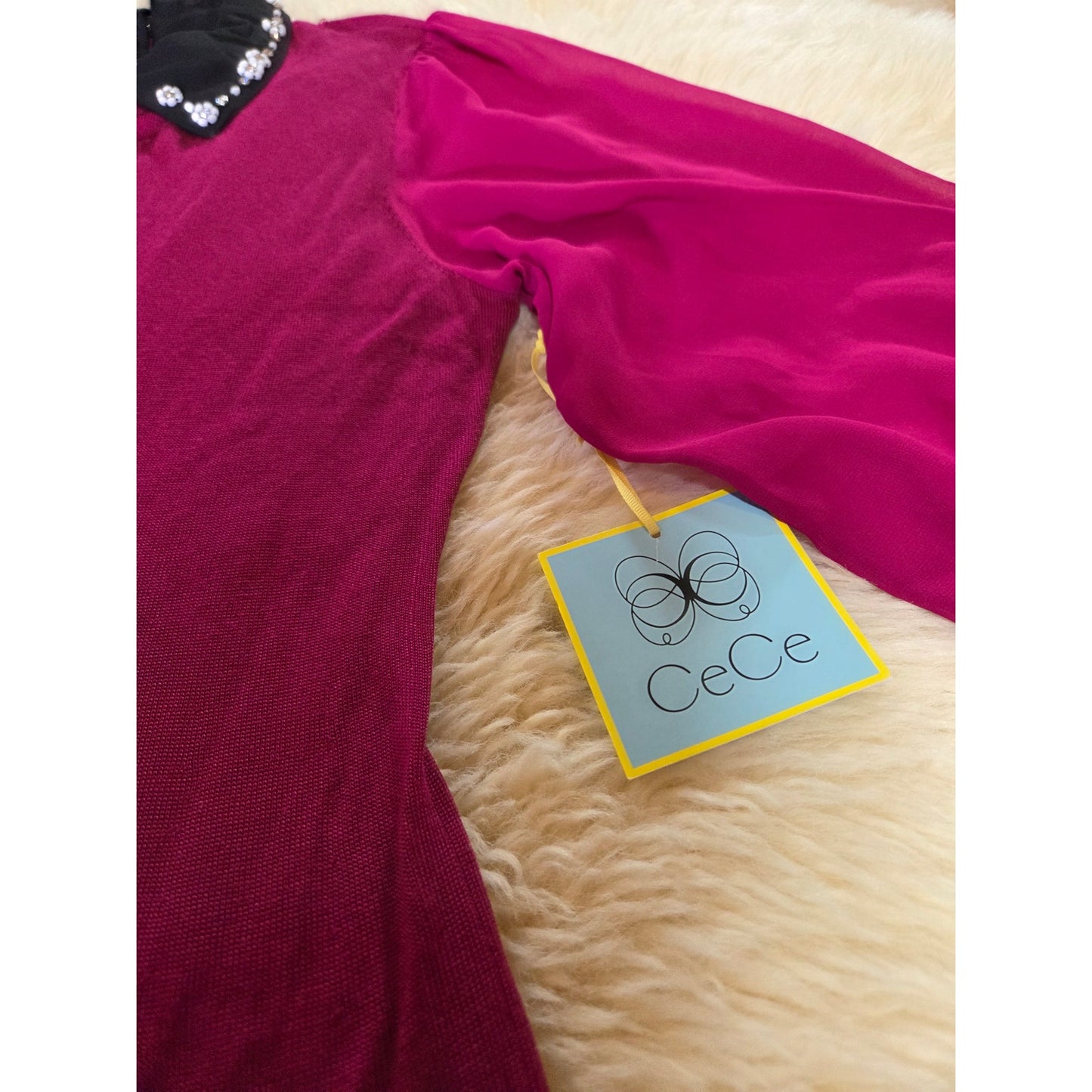 NWT Cece Pink fuchsia magenta sweater dress rhinestone Peter Pan collar