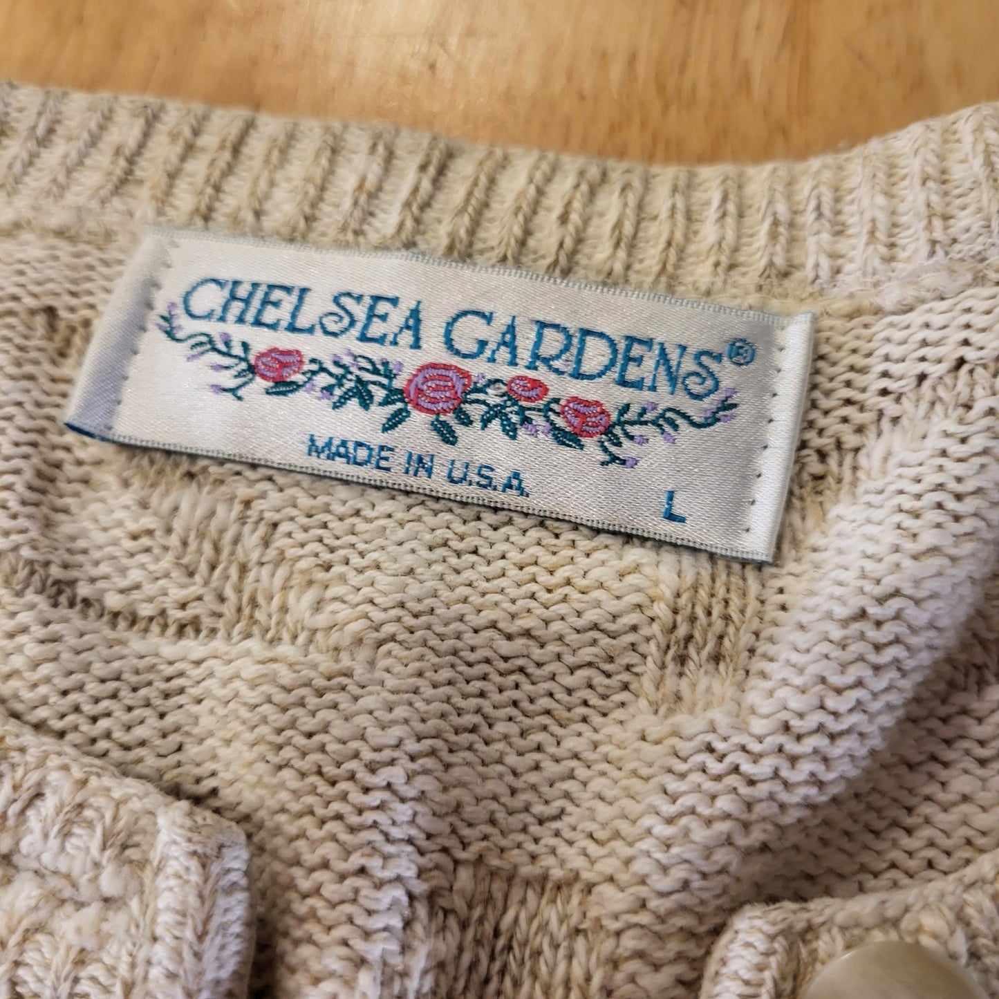 Vintage Teacher Alphabet Embossed Sweater Beige Embroidered Cardigan USA Made L