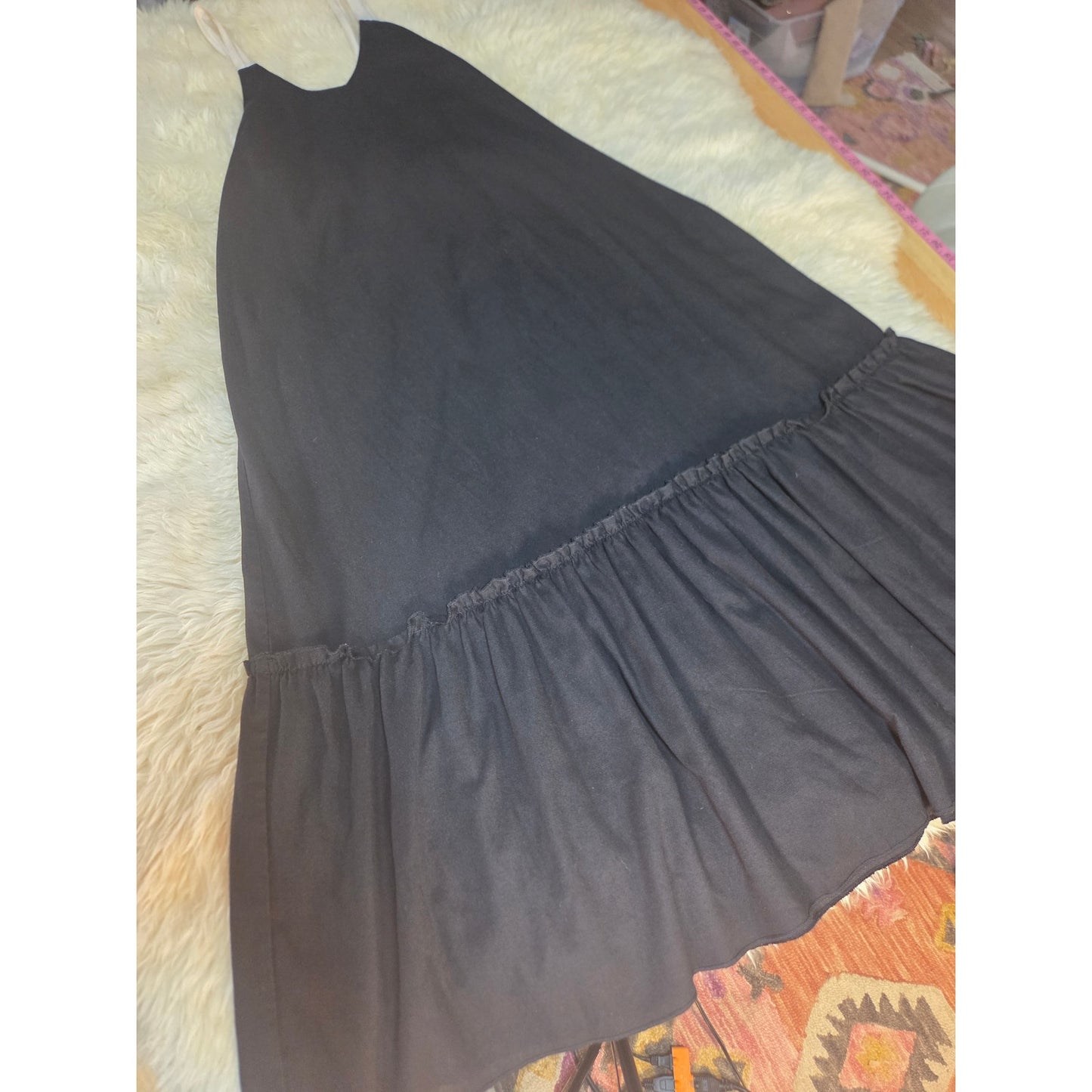 Unbranded black cotton maxi dress adjustable twill tape straps cream V neck