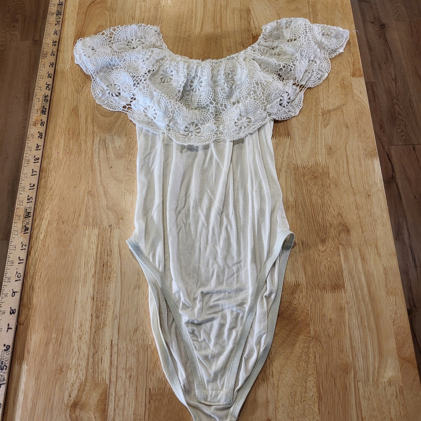 Taylor & Sage Cream Body SUit Crochet Bardot Top Soft XS 14" P2P