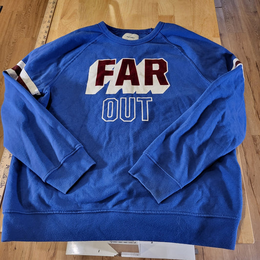 Old Navy Blue Sporty "FAR OUT" Crew Neck Sweatshirt Arm Stripe Detail red white