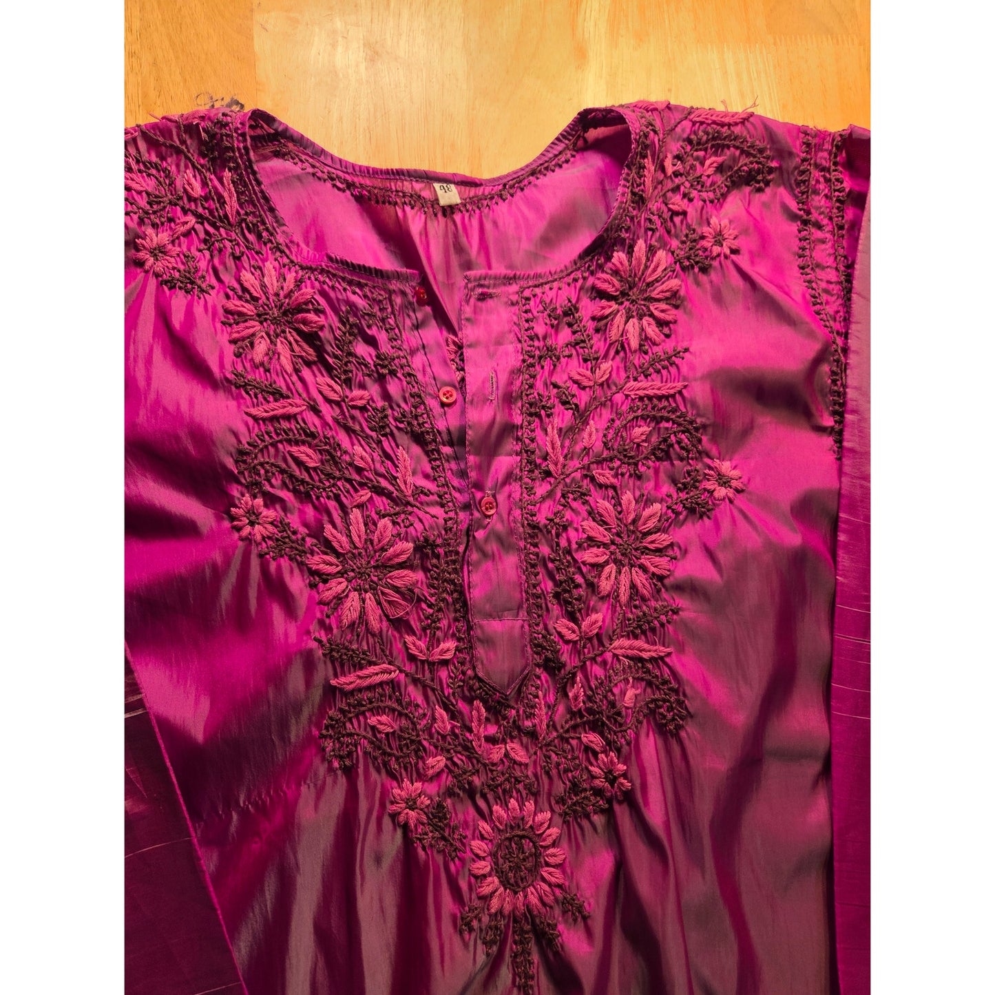 Satin hand Embroidered Iridescent Pink Heart Floral Motif Large Long Sleeve