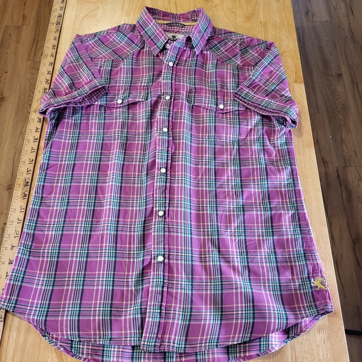Express Purple Tartan Plaid Short Sleeve Pearl Snap Collared Button Down M