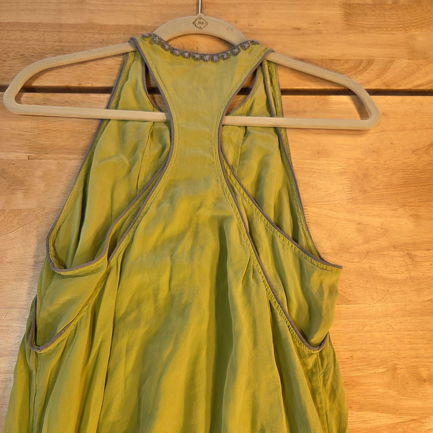 Bcbgmaxazria chartreuse neon green silk sleeveless tank dress embroidered med