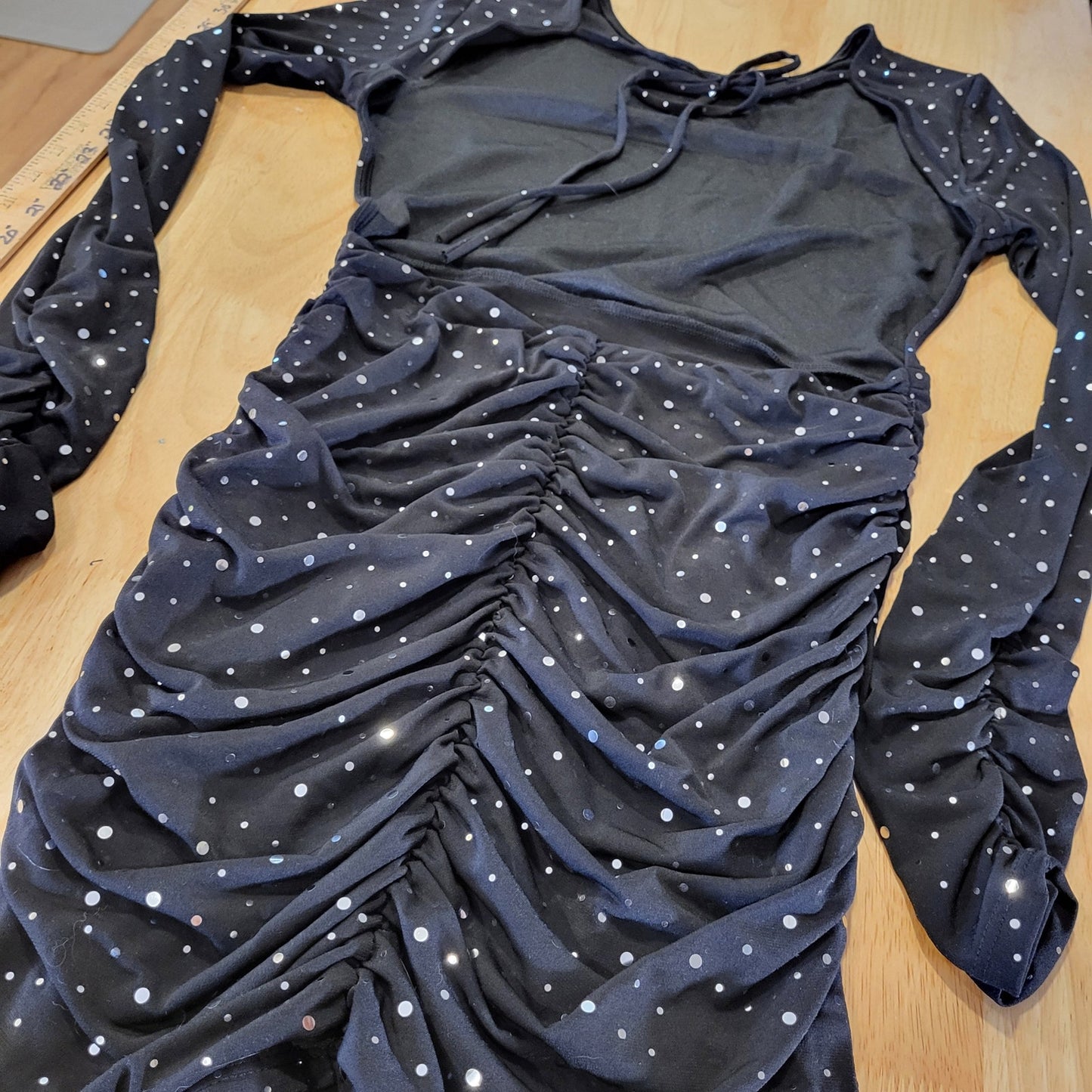 Black Jersey Knit Stretch Backless Long Sleeve Mini Dress Silver Metallic Dots