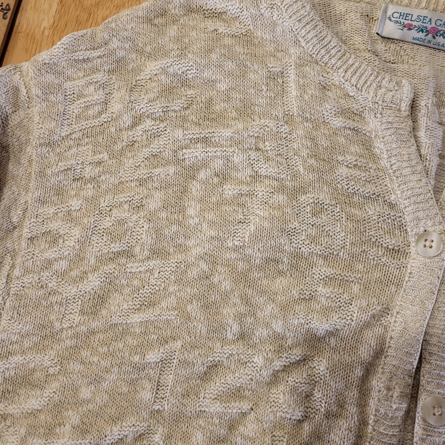 Vintage Teacher Alphabet Embossed Sweater Beige Embroidered Cardigan USA Made L
