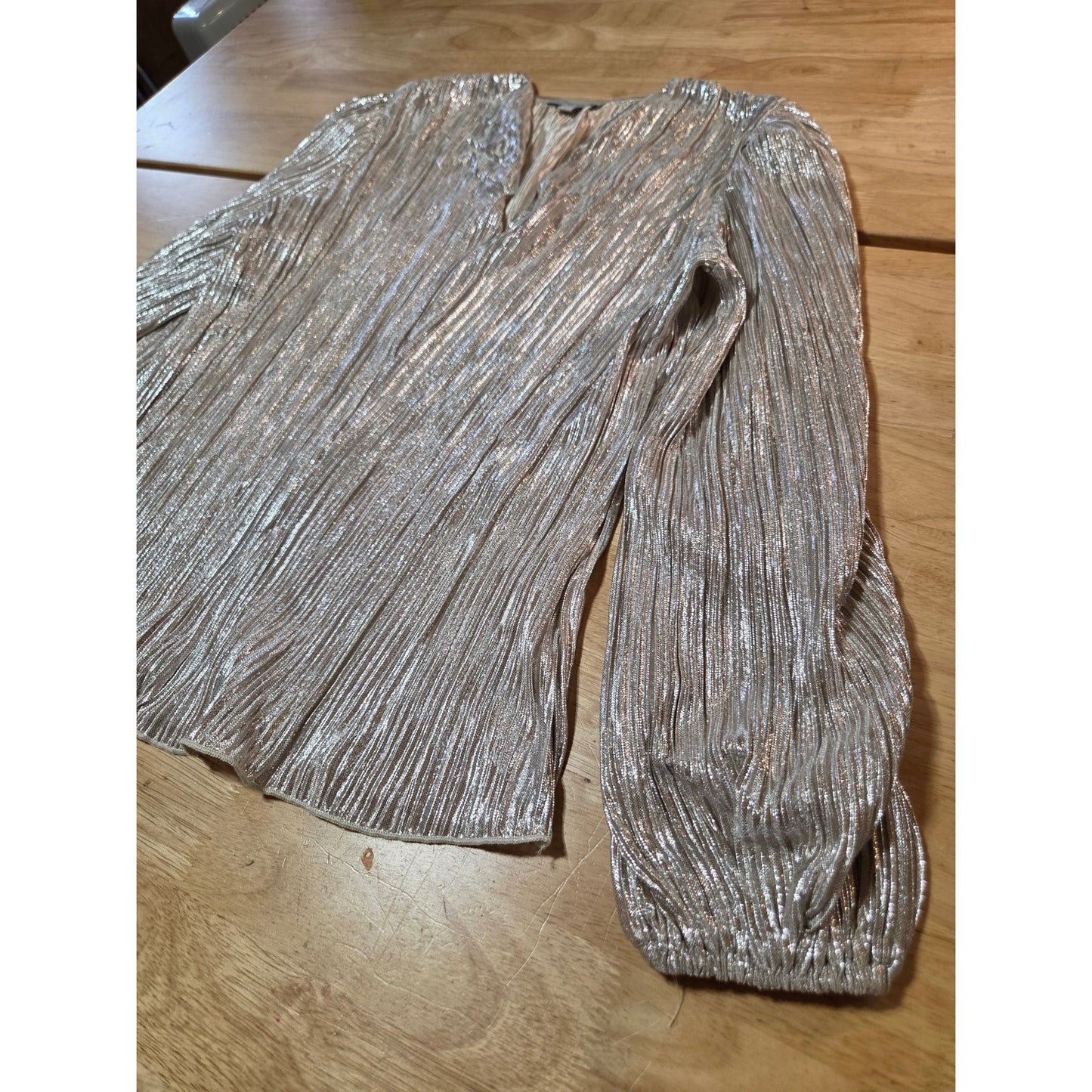 Chenault metallic long sleeve pleated blouse nylon rayon small